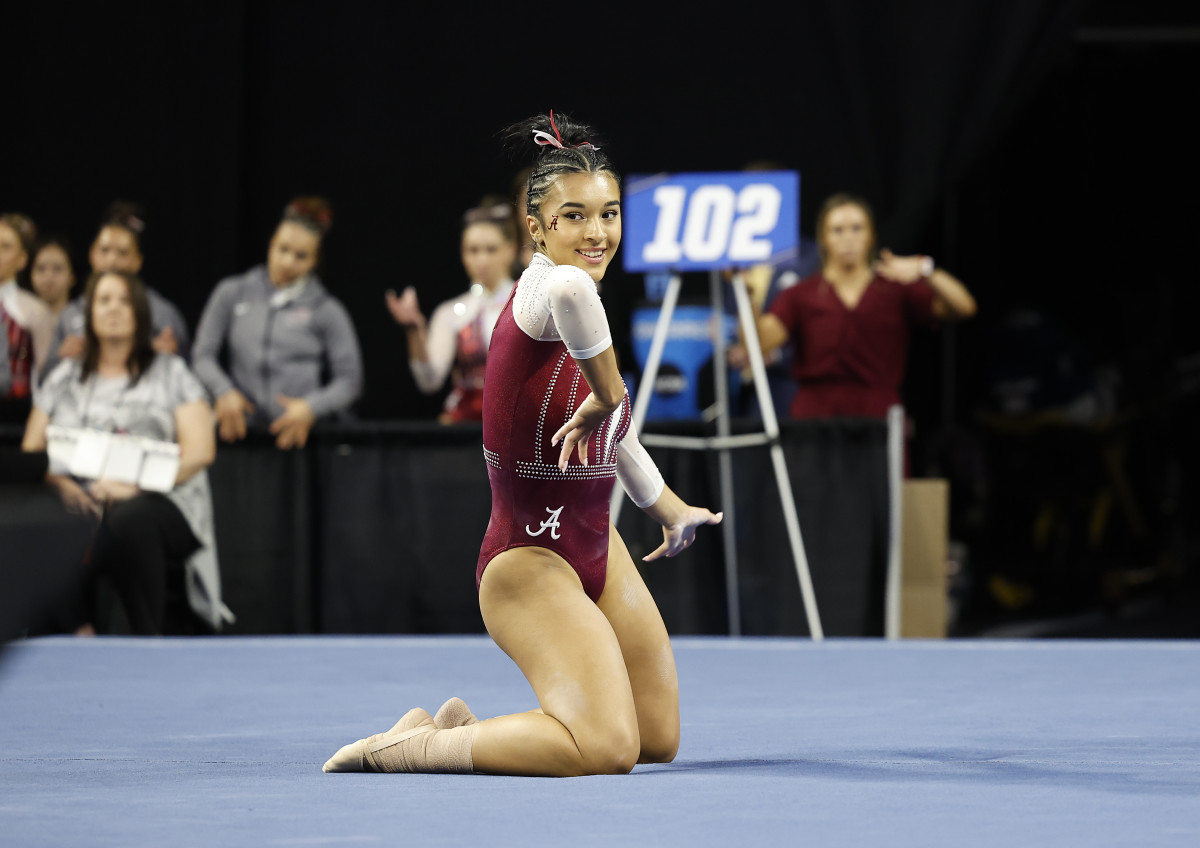 Alabama gymnast Luisa Blanco performs floor exercise during the 2023 NCAA women's gymnastics regional at Lloyd Noble Center.